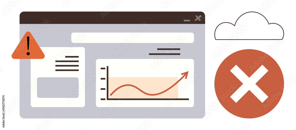Poster graph with upward trend in browser, caution icon, red cross near cloud diagram. ideal for analytics,