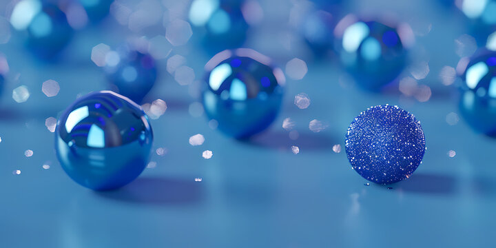 Blue Spheres with Varying Textures Arranged on a Blue Surface

