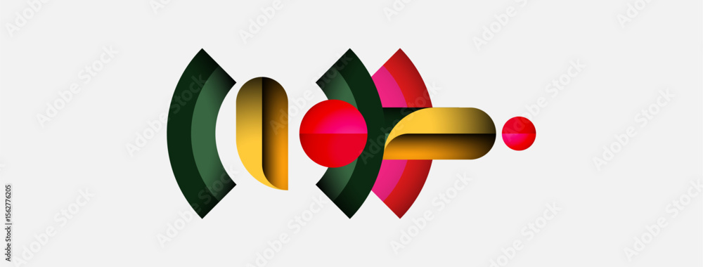 Poster Abstract graphic design. Overlapping shapes create dynamic composition. Red, green, yellow hues dominate visual space. Modern aesthetic.