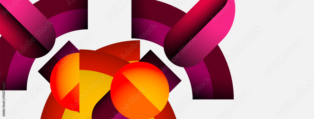 Poster Abstract shapes, vibrant colors, dynamic composition. Curves intersect with geometric forms creating visual interest. Modern design.