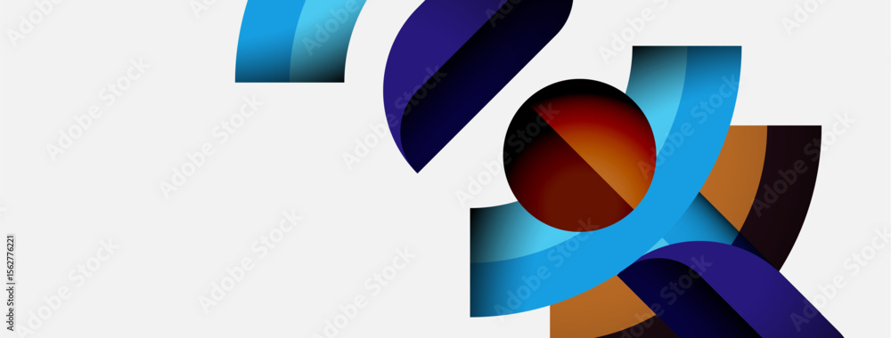 Poster Abstract shapes overlap, creating dynamic composition. Blues, browns dominate white background. Modern design elements present.