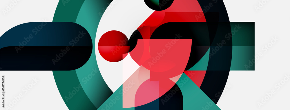 Poster Abstract geometric composition. Overlapping shapes create dynamic visual interest. Red, teal, black hues dominate design. Minimalist aesthetic.