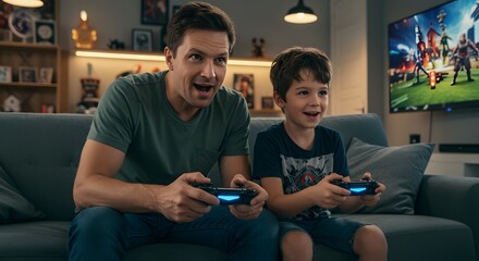Father and Son: A smiling father and son are playing video games with controller and enthusiastically immersed in the colorful digital world displayed on a large screen in the living room.