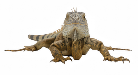 Green Iguana Facing Camera, Isolated on Transparent PNG Background , Iguana, green iguana, reptile, lizard, animal, creature, pet, exotic pet, green, brown, scales, scaly