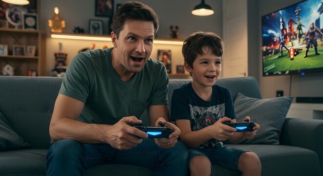 Father and Son: A smiling father and son are playing video games with controller and enthusiastically immersed in the colorful digital world displayed on a large screen in the living room.