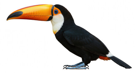 Naklejka premium Toco Toucan in Profile with Large Orange Beak, Isolated on Transparent PNG Background , Toucan, Toco Toucan, bird, tropical bird, exotic bird, avian, beak, large beak, orange beak
