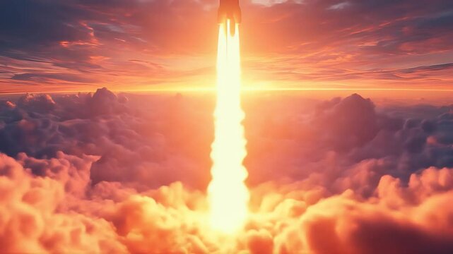 A rocket launching into the fiery sky from a sea of soft clouds