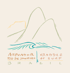 Stylized illustration of the coastal region of the city of Rio de Janeiro, Brazil. Art in allusion to the practice of surfing.