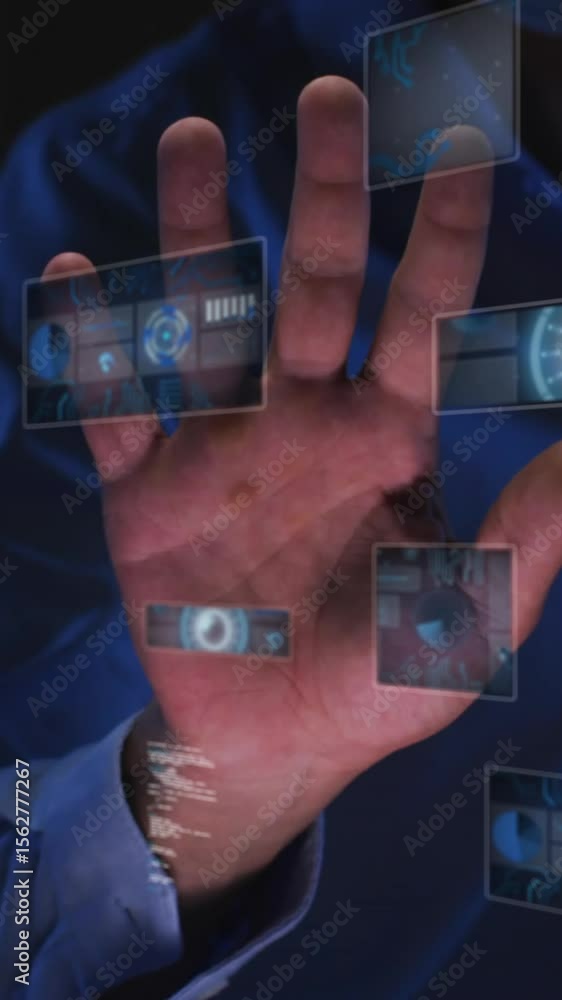 Poster animation of biometric hand check, scopes and data processing on dark background