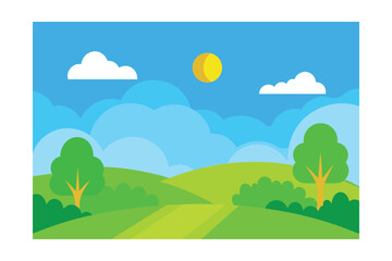 Fototapeta premium Green Meadow Landscape: A vibrant illustration depicts a serene meadow under a bright sun and fluffy clouds. Lush green grass, trees, and bushes adorn the rolling hills.