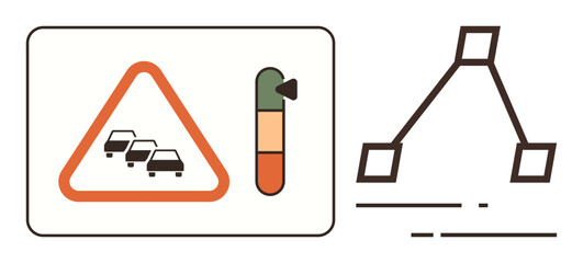 Traffic jam warning triangular sign with vehicle icons, vertical signal strength meter, and minimal geometric network visual. Ideal for traffic systems, travel alerts, transportation, road safety
