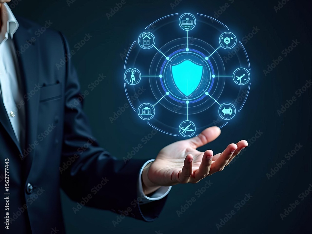 Poster cybersecurity protection and digital data security concept with businessman holding virtual shield n