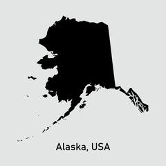Map of Alaska USA on gray background. Solid black silhouette isolated map