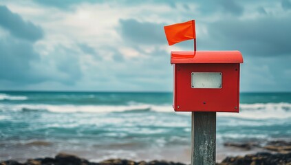 Red mailbox on a wooden post by the ocean