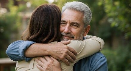 Tender Embrace in the Garden: A heartwarming scene of an older man and woman embracing affectionately in a lush garden, their connection palpable in their tender embrace.