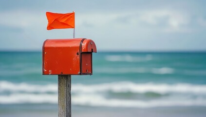 Red mailbox on a wooden post at the beach with an orange flag