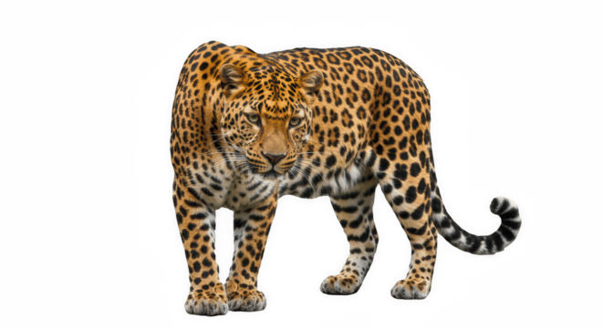 Majestic Leopard Standing Isolated on a Transparent PNG Background , Leopard, big cat, feline, predator, carnivore, wild animal, wildlife, mammal, spotted, rosettes, coat