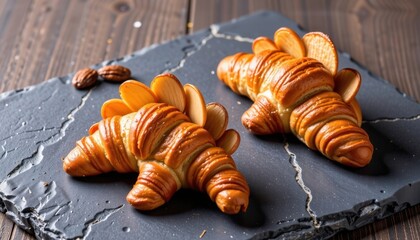 Delicious golden-brown croissants with almond slices on a dark rustic slate serving board for breakfast snack or pastry display