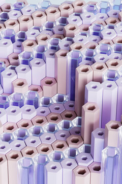  3D render of elevated hexagonal prism field in soft pastel hues
