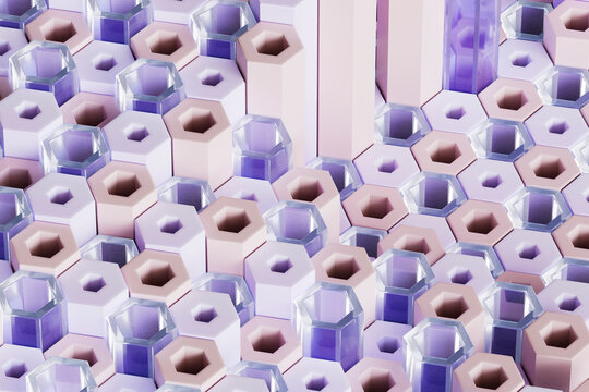  3D render of glossy hexagonal pastel shapes in geometric patter