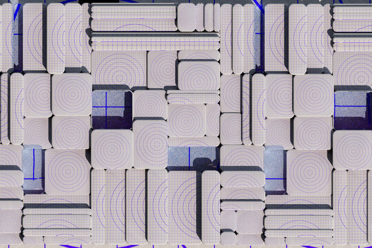  3D render of textured blocks with deep blue highlights