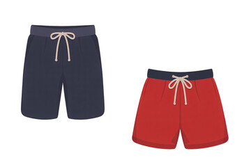 Two pairs of casual shorts in navy and red feature drawstring waistbands against a transparent background for creative use.