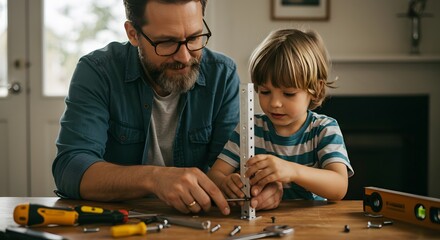 Building Bonds: A heartwarming moment of intergenerational connection as a father and son engage in a hands-on activity, crafting and creating with tools. 