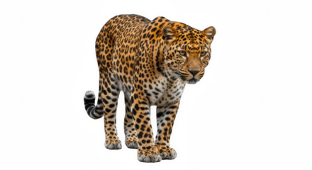Majestic Leopard Standing Isolated on a Transparent PNG Background , Leopard, big cat, feline, predator, carnivore, wild animal, wildlife, mammal, spotted, rosettes, coat