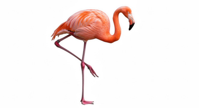 A pink flamingo standing on one leg in a classic bird pose on white.