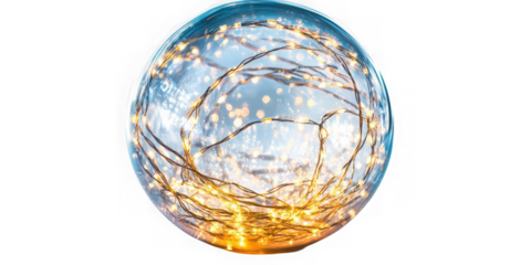 Glass Sphere with Warm White Fairy Lights Decoration isolated on white png transparent background	