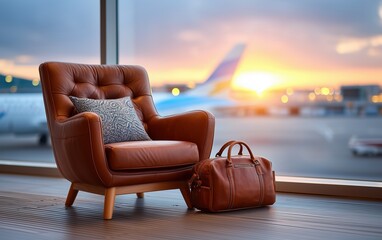 Leather armchair and travel bag placed at airport terminal with airplane outside