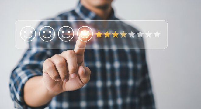 Customer feedback interface with happy face scale for survey, satisfaction and user experience on virtual screen.