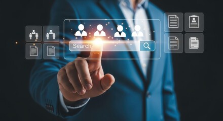 Recruitment Search Businessman Selecting a Candidate from Online Profiles for the perfect job