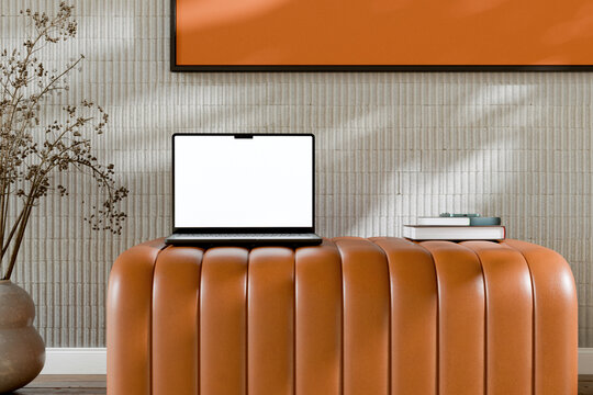 Laptop Mockup on Leather Ottoman in Modern Interior