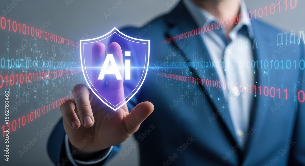Poster ai protection shield secure data with artificial intelligence and cybersecurity solutions for busine
