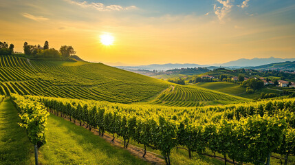 Fototapeta premium Panoramic view of a vineyard at sunset, with rolling hills and neat rows of grapevines in golden light.