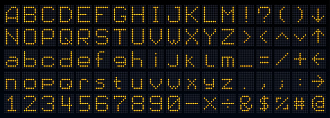 Score board font, flip dot type, digital led airport screen typeface, terminal display alphabet. Complete set of uppercase and lowercase letters, numbers and special characters with scoreboard lamps
