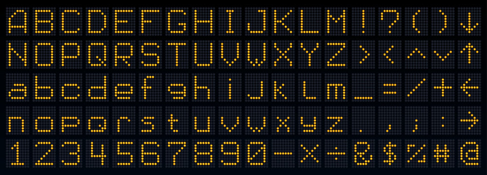 Score board font, flip dot type, digital led airport screen typeface, terminal display alphabet. Complete set of uppercase and lowercase letters, numbers and special characters with scoreboard lamps