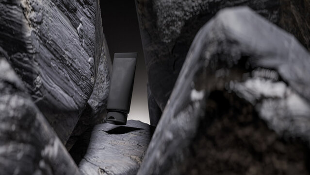 Sleek black facial foam packaging nestled among rugged rocks, evoking strength, purity, and a bold skincare statement inspired by nature. Premium photo 3d render.