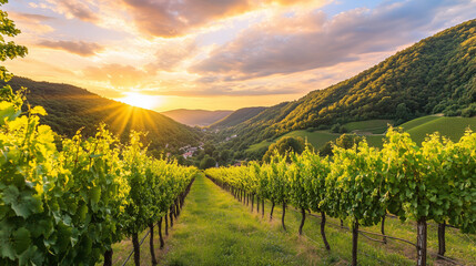 Fototapeta premium Panoramic view of a vineyard at sunset, with rolling hills and neat rows of grapevines in golden light.