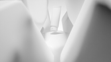 Sleek black facial foam packaging nestled among rugged rocks, evoking strength, purity, and a bold skincare statement inspired by nature. Premium photo 3d render.