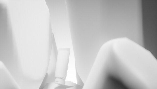 Sleek black facial foam packaging nestled among rugged rocks, evoking strength, purity, and a bold skincare statement inspired by nature. Premium photo 3d render.