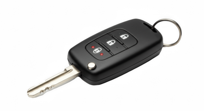 Black car key remote isolated on transparent PNG background for automotive security and vehicle access concepts