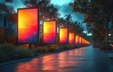 Serene Urban Walkway with Vibrant Digital Displays Under Dusky Blue Sky

