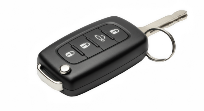 Black car key remote isolated on transparent PNG background for automotive security and vehicle access concepts