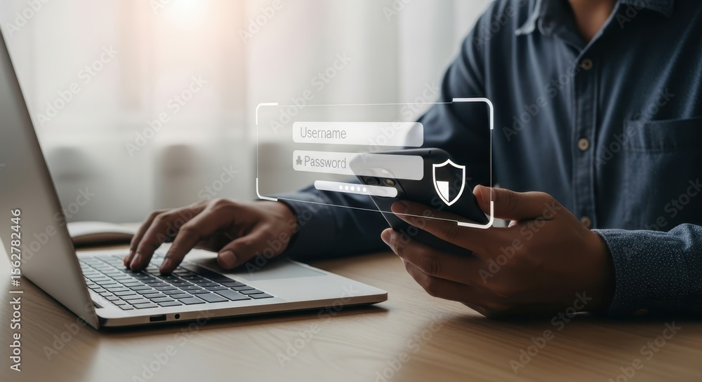 Poster a person types on a laptop while holding a smartphone with a digital login interface overlay.