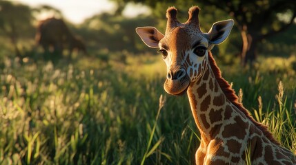 Obraz premium Baby Giraffe Sunset Savanna.