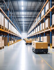 Obraz premium A warehouse with automated systems and robotic carts transporting goods