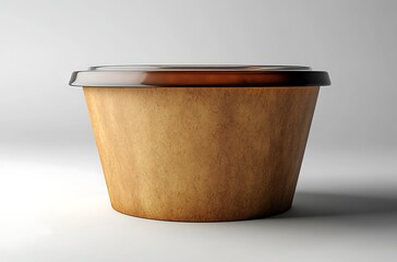 Round Brown Paper Food Container with Dark Glossy Lid on Light Background

