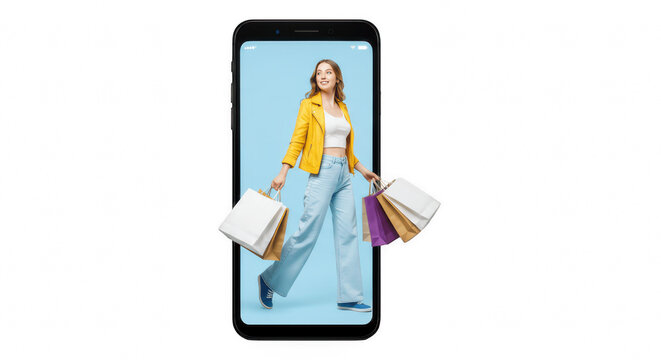 Young woman shopping with bags inside smartphone frame isolated on transparent PNG background for e-commerce, mobile app, and online shopping concepts